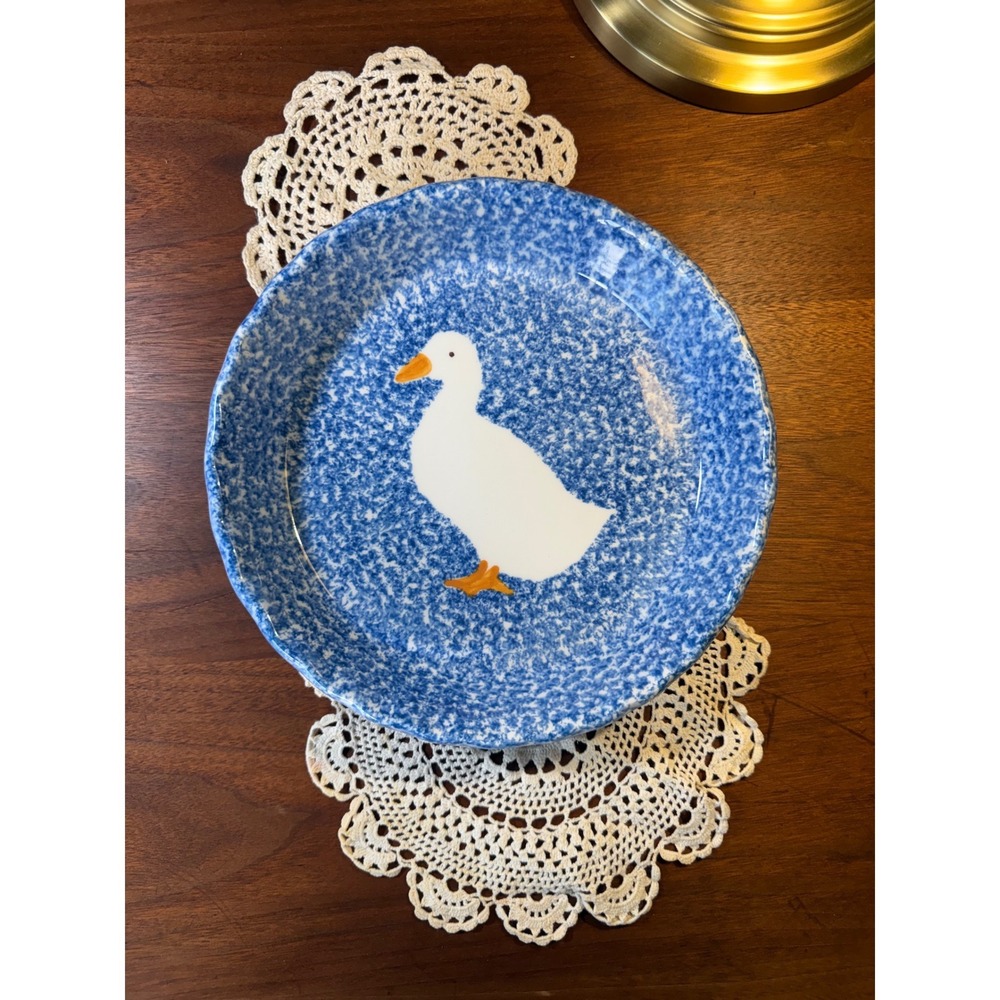 NS Gustin Co Vintage Blue Spongeware Goose Pie Dish Hand Decorated USA 10" Duck